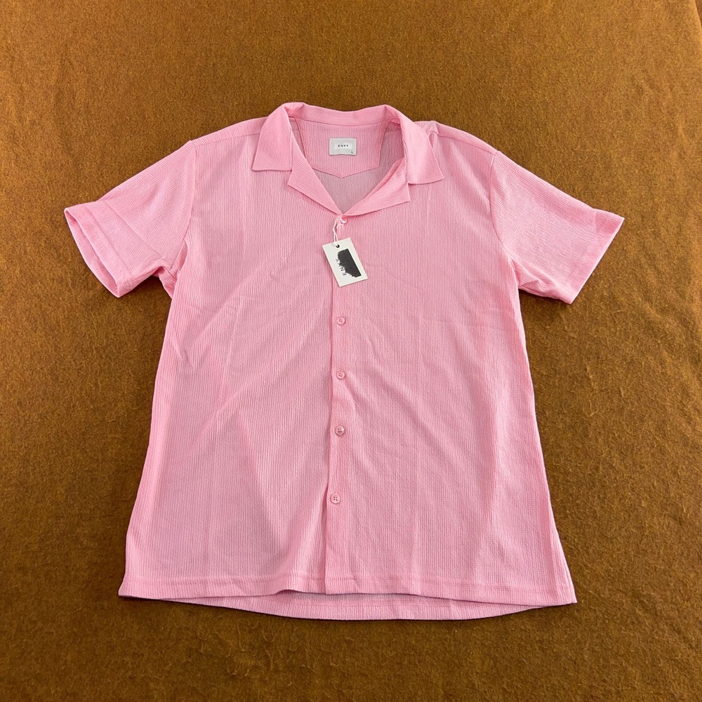 ENVY Mens Large Pink Textured Seersucker Short Sleeve Camp Collar Button Down